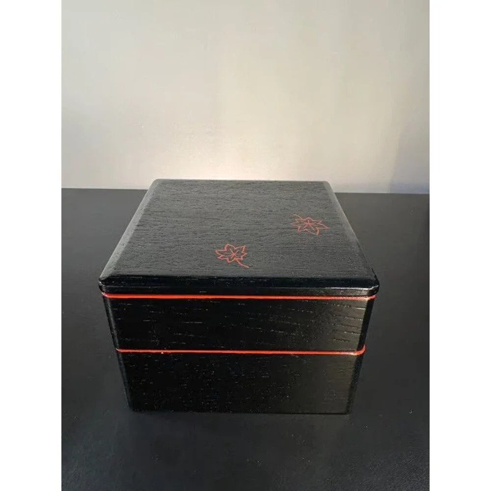 Japanese Jubako Two Tier Lacquer Stacking Box Red Maple Leaf Divider Bento